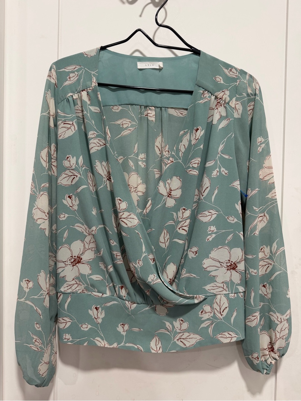 Lush Sage Floral Draped V-Neck Blouse